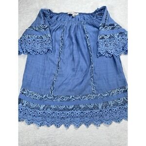Lynn Ryan Boho Lace Top Large Blue Off Shoulder Crochet Trim Peasant Festival